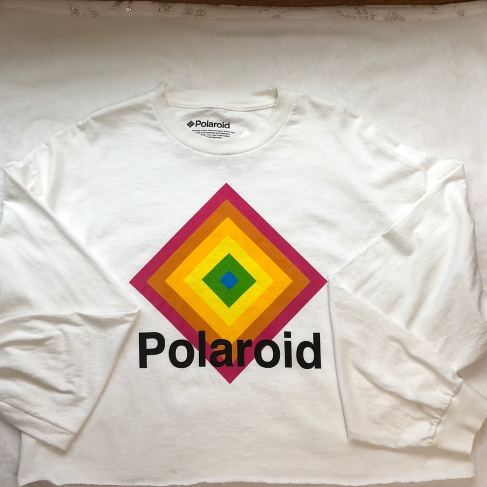 White Polaroid cropped long sleeve tee